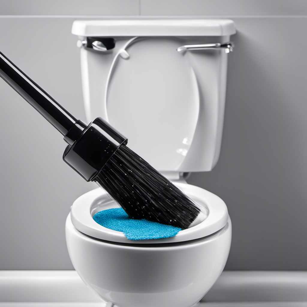 An image showcasing a sparkling white toilet bowl, with a close-up view of a gloved hand scrubbing away stubborn black stains using a powerful cleaning brush