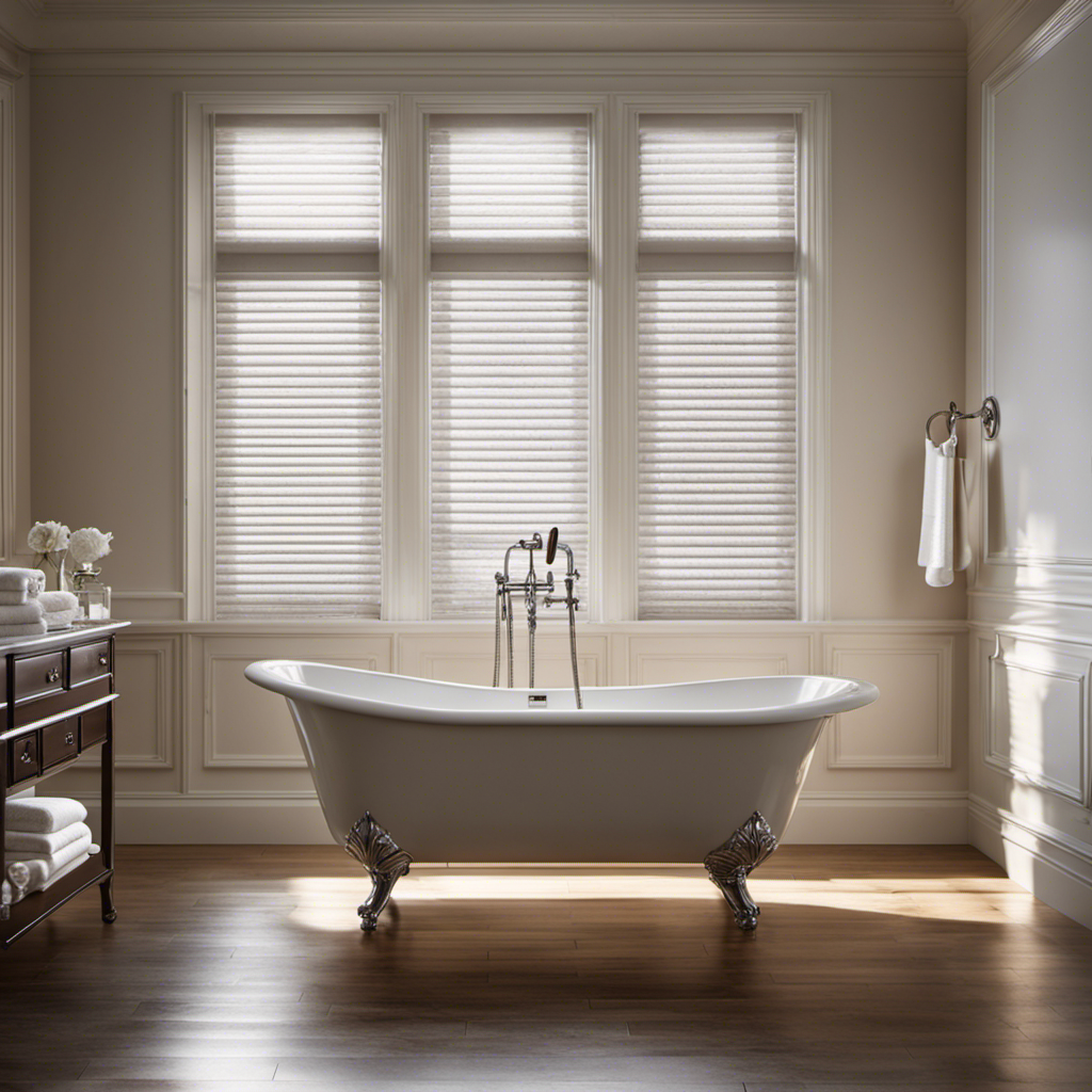 An image showcasing a pair of white, horizontal blinds immersed in a sparkling, pristine bathtub filled with warm, soapy water