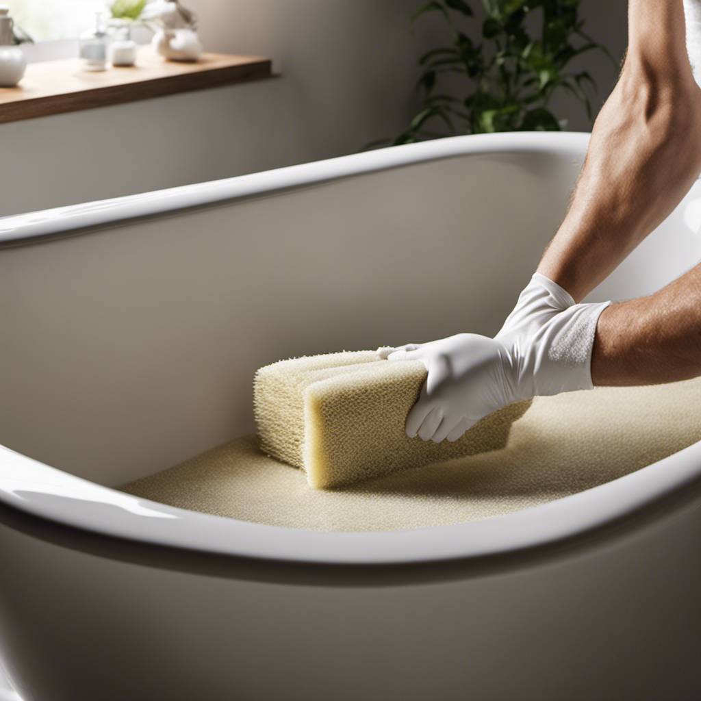 An image that captures the process of cleaning the bottom of a bathtub