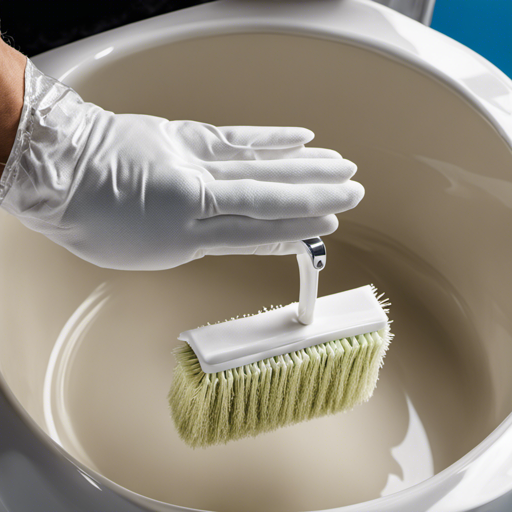 An image showcasing a pair of gloved hands holding a scrub brush, meticulously cleaning a camper toilet