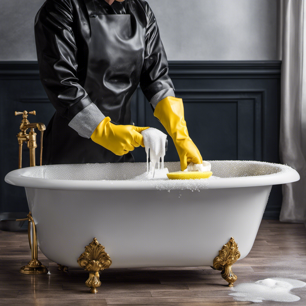 An image of a person wearing rubber gloves, holding a sponge dripping with soapy water