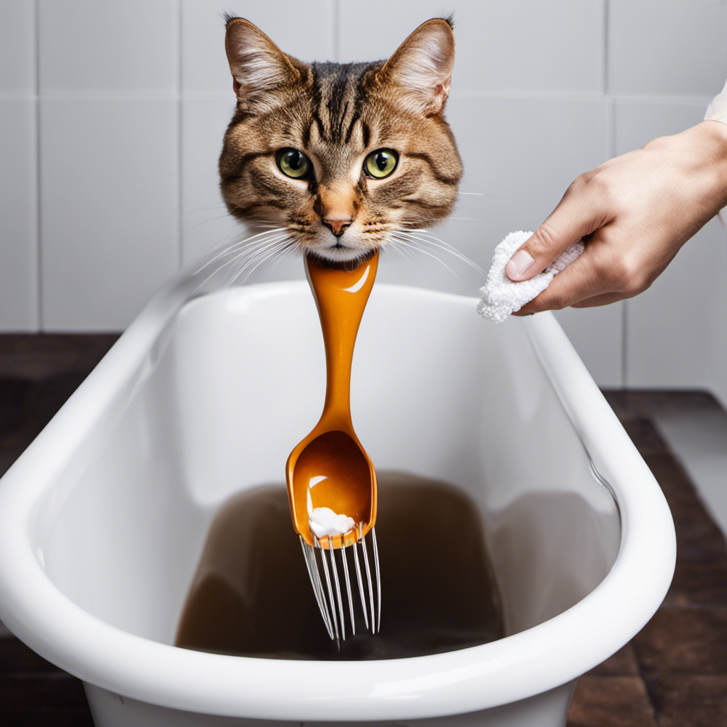 An image showcasing a gloved hand using a scoop to delicately remove cat poop from a pristine white bathtub