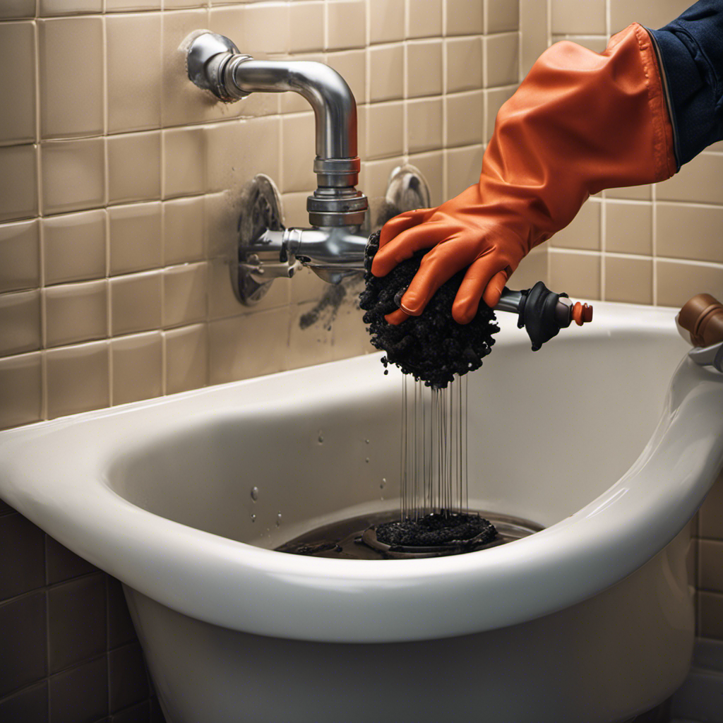 An image showcasing a pair of gloved hands gripping a plunger, positioned over the clogged bathtub drain