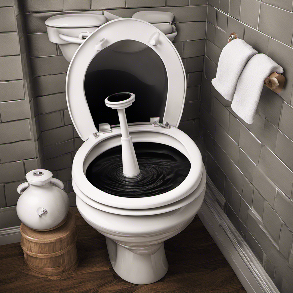 An image capturing a pair of gloved hands holding a plunger positioned above a clogged toilet bowl