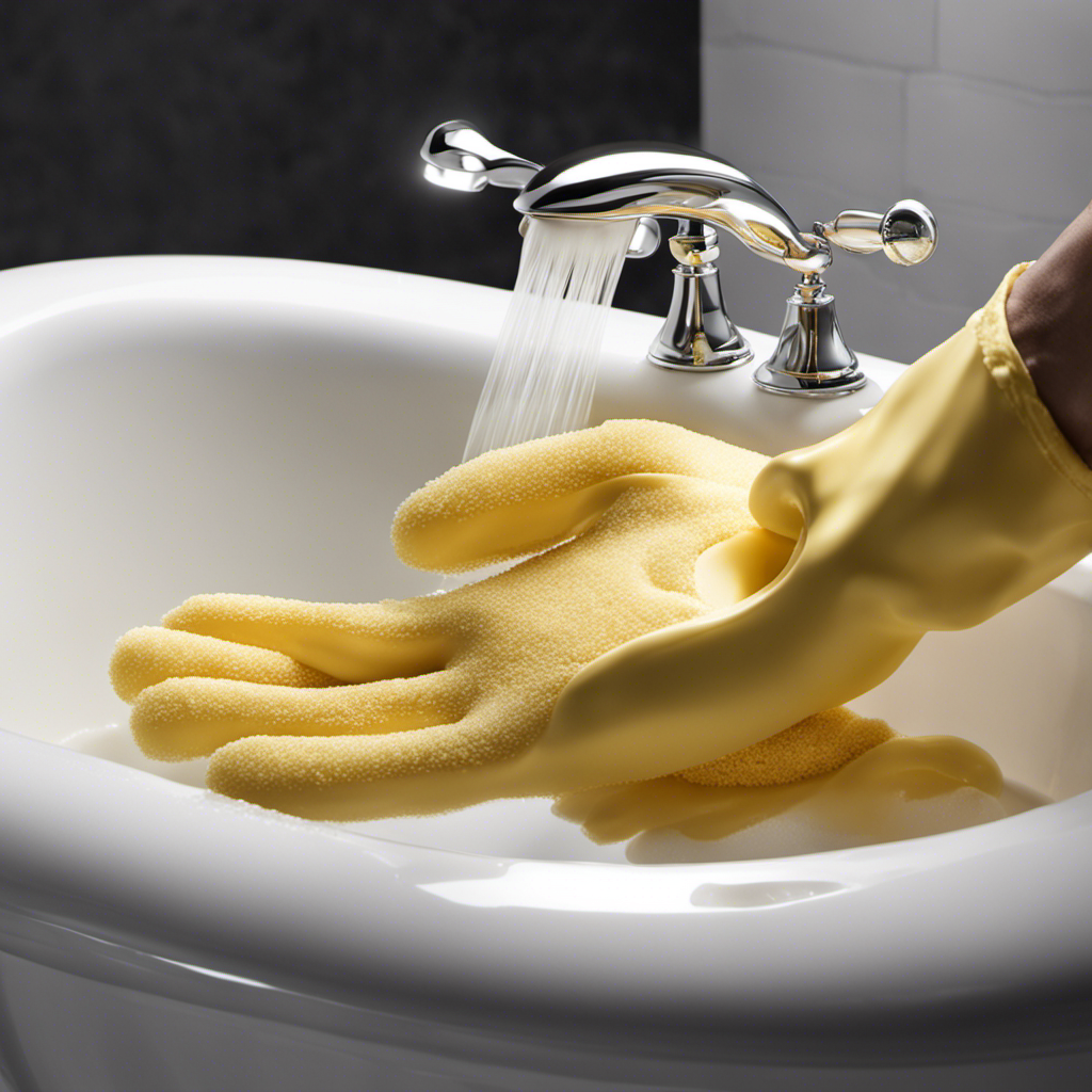 An image showcasing a pair of gloved hands gently scrubbing a gleaming white enamel bathtub using a soft sponge, while drops of soapy water cascade down its smooth surface, leaving it sparkling and pristine