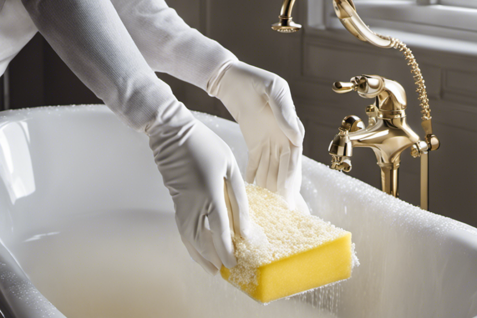 An image showcasing a pair of gloved hands gently scrubbing a gleaming white fiberglass bathtub with a sponge, while sparkling droplets of water cascade down the sides, revealing its renewed luster