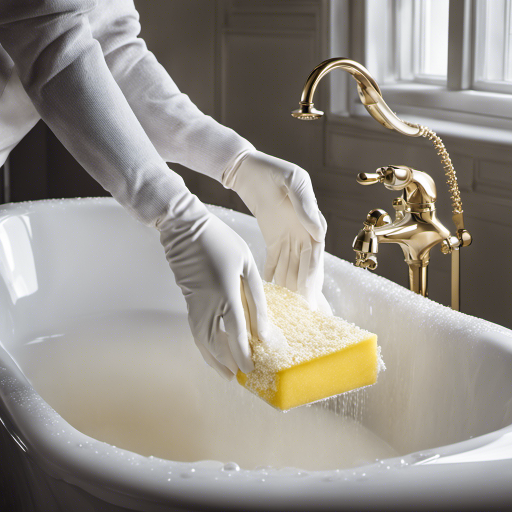 An image showcasing a pair of gloved hands gently scrubbing a gleaming white fiberglass bathtub with a sponge, while sparkling droplets of water cascade down the sides, revealing its renewed luster