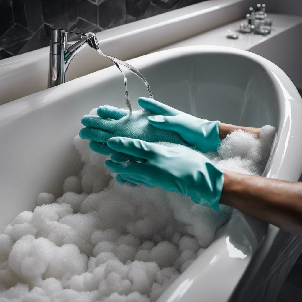 An image showcasing a pair of gloved hands vigorously scrubbing a dirty bathtub, surrounded by foam and bubbles