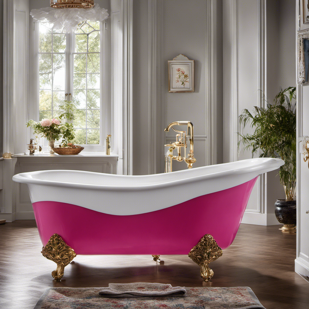 An image showcasing a porcelain bathtub with vibrant hair dye stains