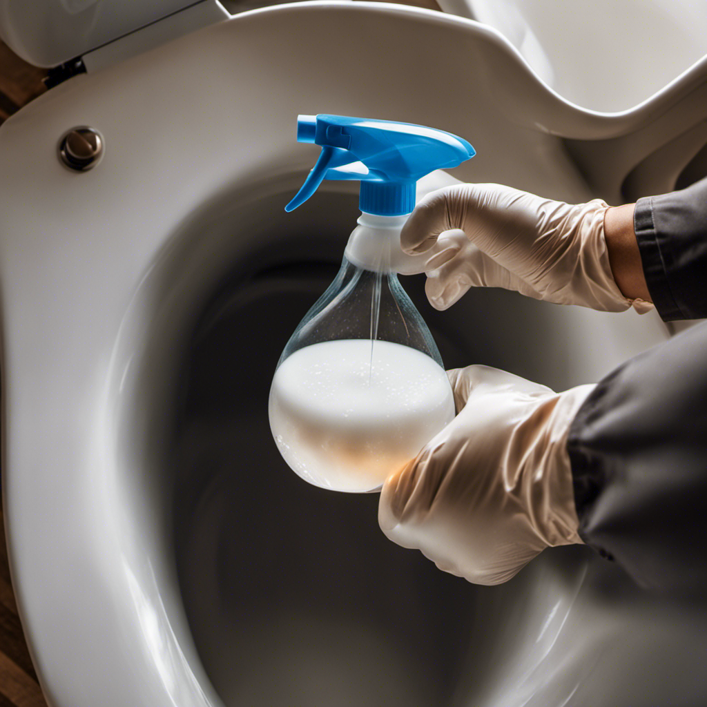An image showing a gloved hand holding a spray bottle filled with vinegar solution, spraying it onto a stained toilet bowl