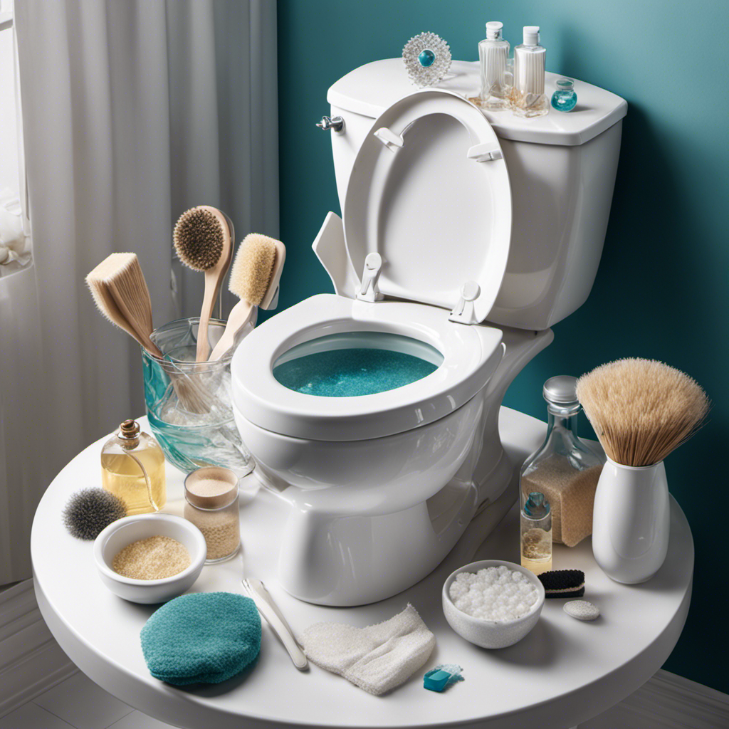 An image showcasing a sparkling white toilet bowl, filled with crystal-clear water, surrounded by a range of cleaning tools: a scrub brush, a pumice stone, vinegar, baking soda, and gloves