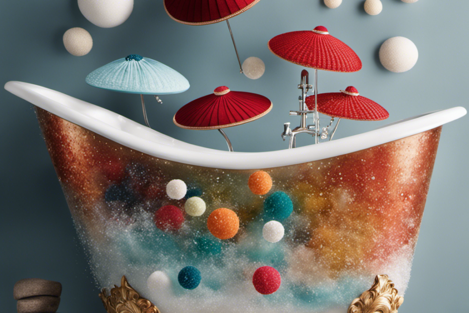 An image showcasing a bathtub filled with warm soapy water, where a variety of hats gently float, their brims unfolded, as delicate bubbles cling to their pristine surfaces, while a soft brush hovers nearby