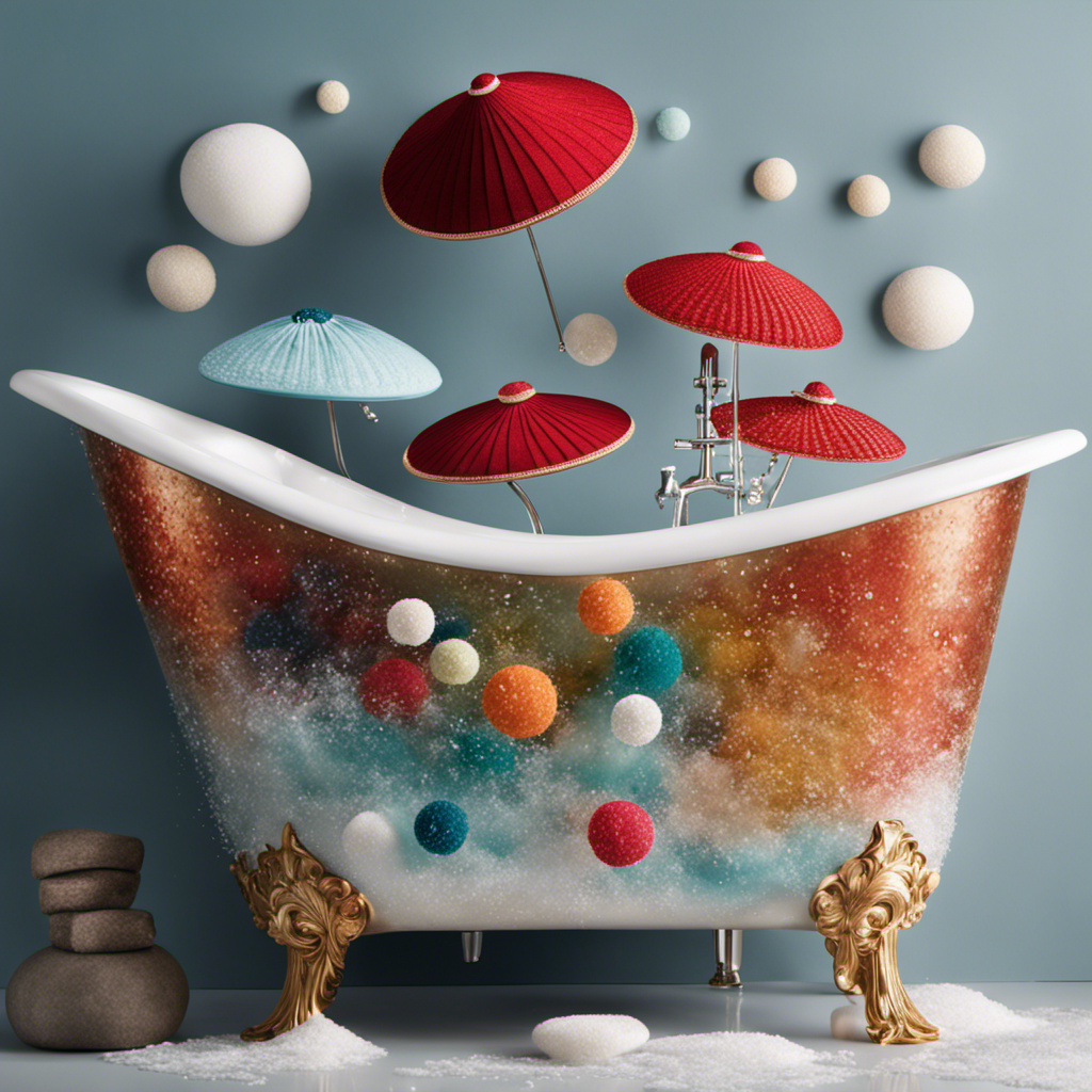 An image showcasing a bathtub filled with warm soapy water, where a variety of hats gently float, their brims unfolded, as delicate bubbles cling to their pristine surfaces, while a soft brush hovers nearby
