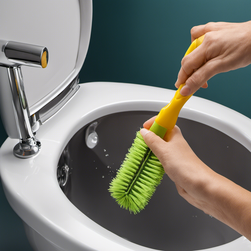 An image depicting a hand holding a scrub brush, reaching into a toilet tank filled with water