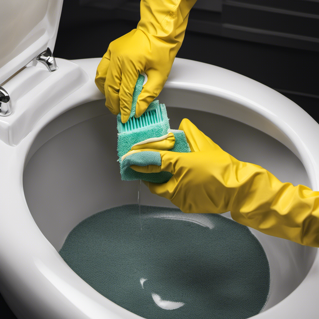 An image showcasing a pair of gloved hands using a scrub brush and disinfectant to clean every nook and cranny inside a sparkling toilet tank