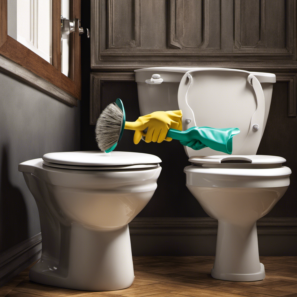 An image showcasing a pair of gloved hands removing the toilet tank lid, revealing a grimy interior