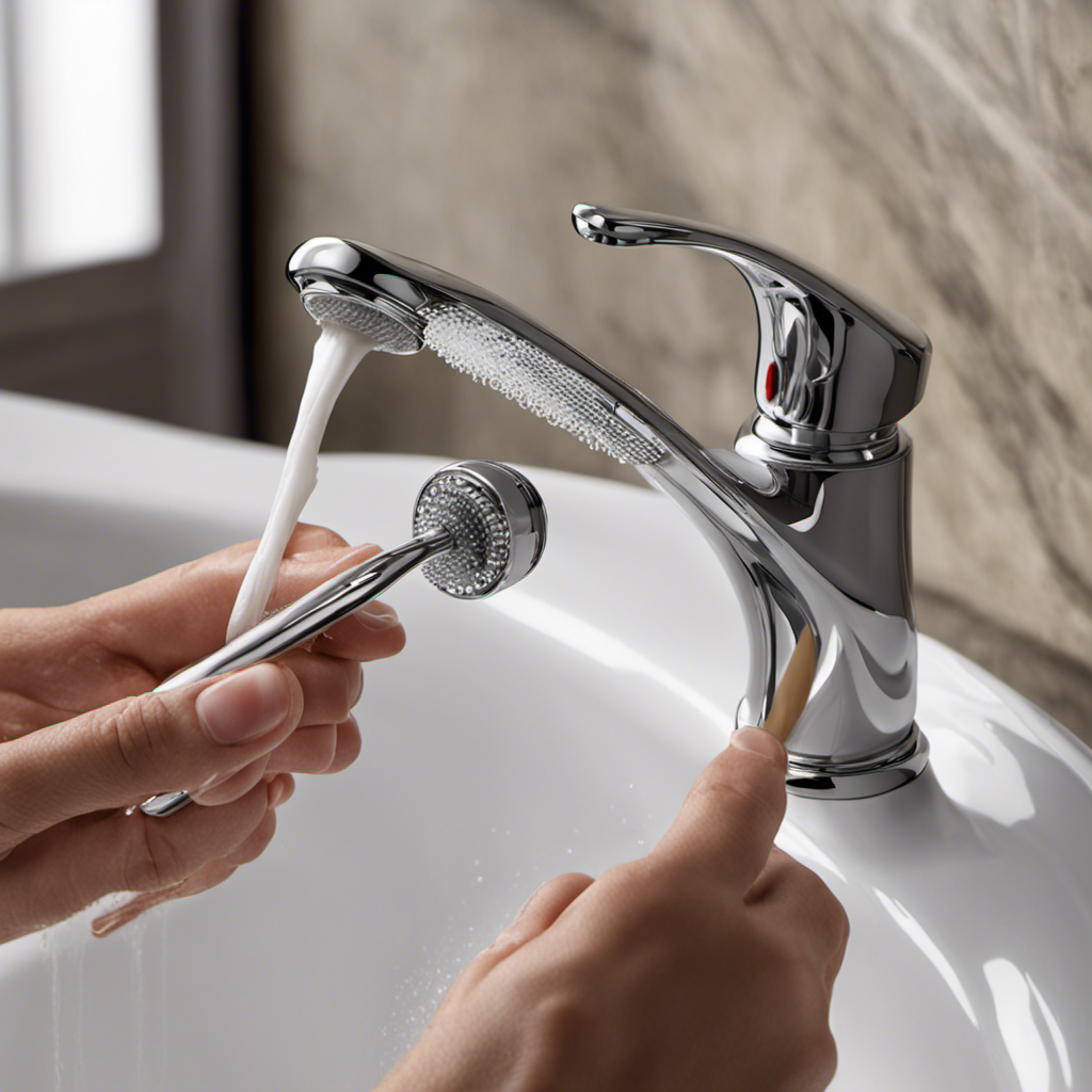 An image showcasing a close-up of a hand gripping a toothbrush, scrubbing the intricate grooves and hard-to-reach areas inside a bathtub faucet
