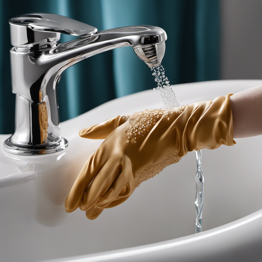 An image capturing a close-up of a gloved hand using a small brush to meticulously clean the intricate crevices and aerator of a bathtub faucet, with water droplets glistening in the background