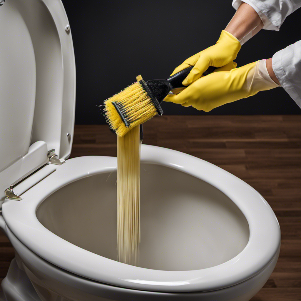 An image showing a pair of gloved hands scrubbing the inside of a toilet tank with a long-handled brush, focusing on removing stubborn stains and build-up