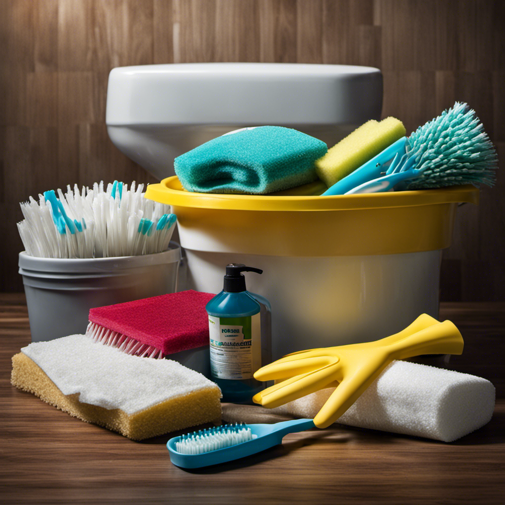 An image showcasing a pair of rubber gloves, a scrub brush, vinegar, bleach, a bucket, a toothbrush, and a sponge neatly arranged on a clean surface, ready for the task of cleaning the inside of a toilet tank