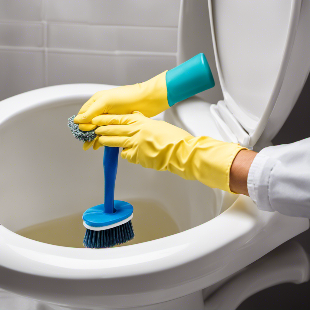 An image showcasing a gloved hand holding a scrub brush, reaching into a sparkling clean toilet tank filled with clear water
