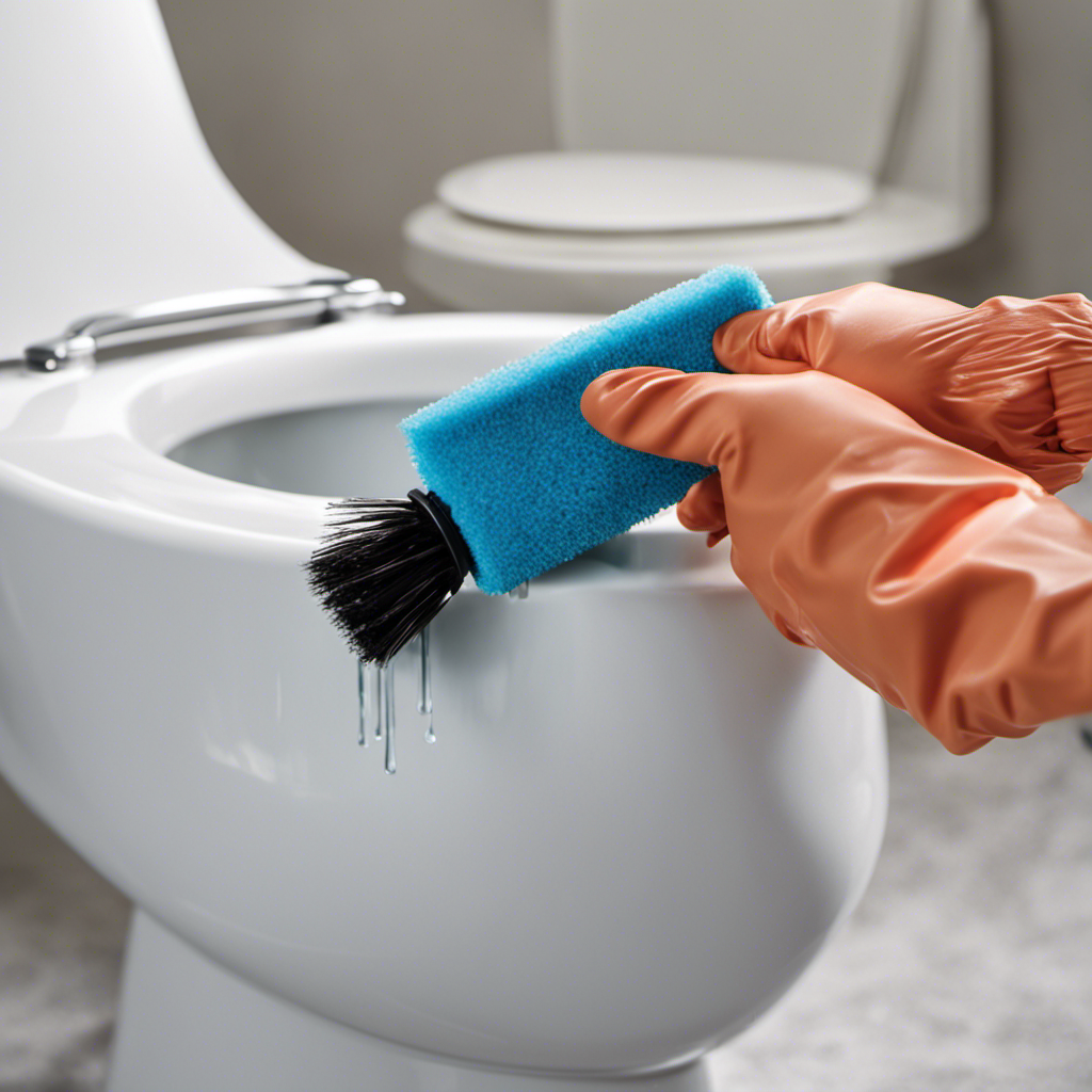An image showing a gloved hand holding a scrub brush, reaching into the toilet tank