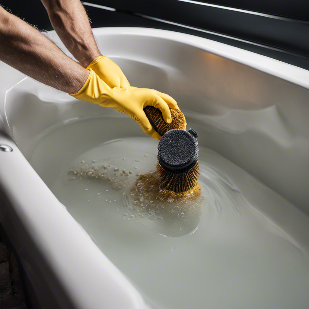 An image showcasing a pair of gloved hands diligently removing the filter from a sparkling clean Jacuzzi bathtub
