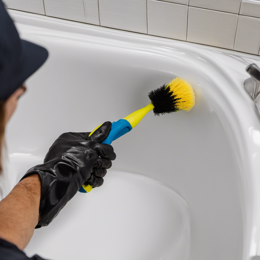 An image showcasing a gloved hand gripping a scrub brush, scrubbing away stubborn black mildew from the corners of a bathtub caulk