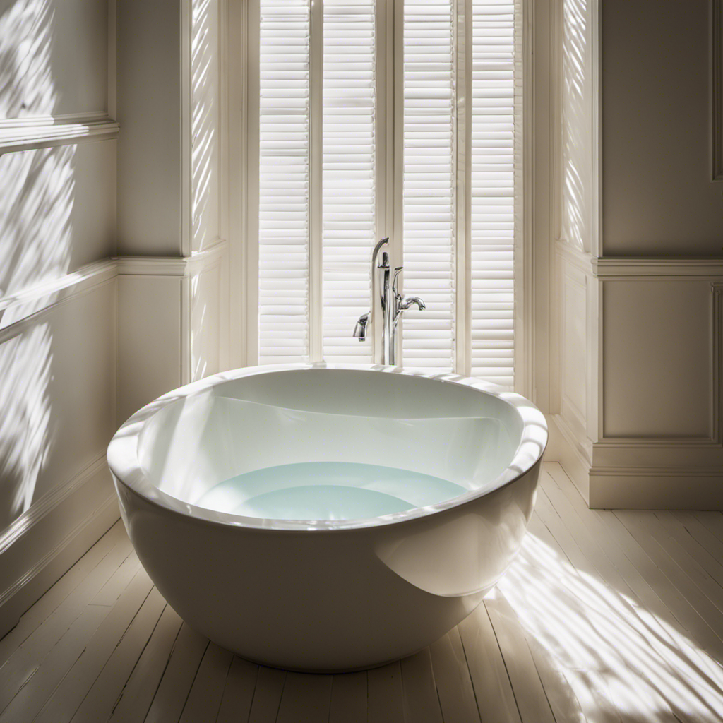 Angle shot of a sparkling clean bathtub filled with warm soapy water, with several mini blinds submerged and gently swaying, as sunlight filters through the slats, casting mesmerizing shadows on the pristine white surface
