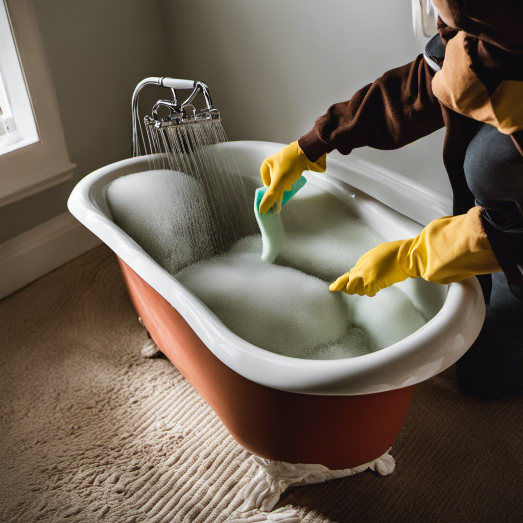 An image showcasing a person wearing gloves, scrubbing a non-porcelain bathtub using a sponge, white vinegar, and baking soda