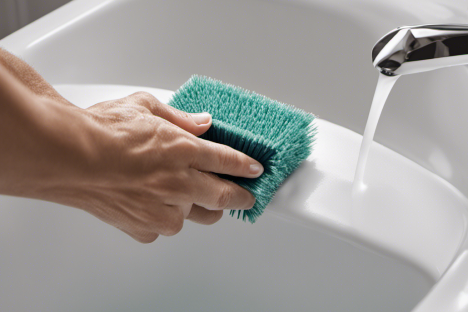 An image showcasing a close-up view of a hand holding a scrub brush, gently cleaning the embedded grime between the textured surface of non-slip bathtub strips