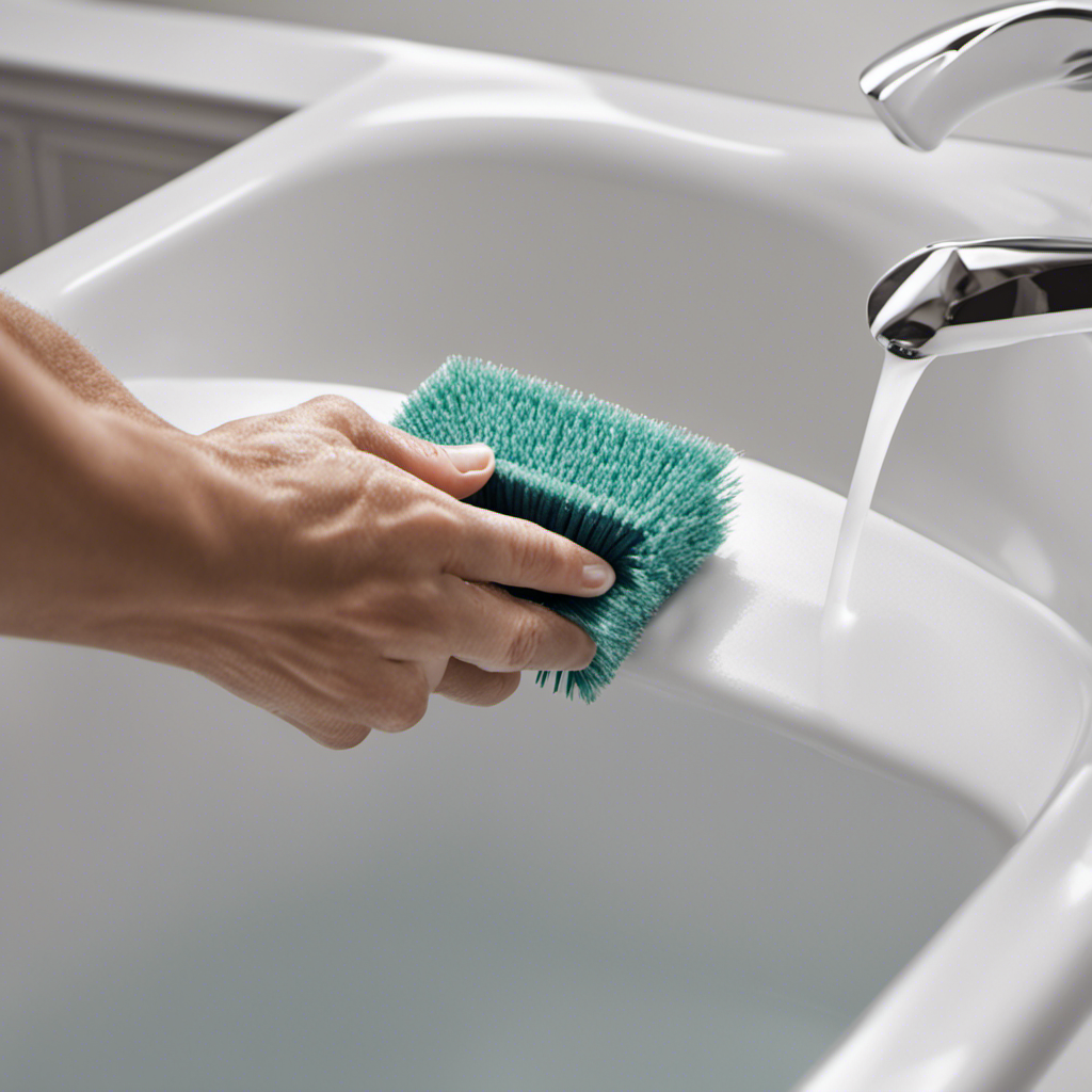 An image showcasing a close-up view of a hand holding a scrub brush, gently cleaning the embedded grime between the textured surface of non-slip bathtub strips