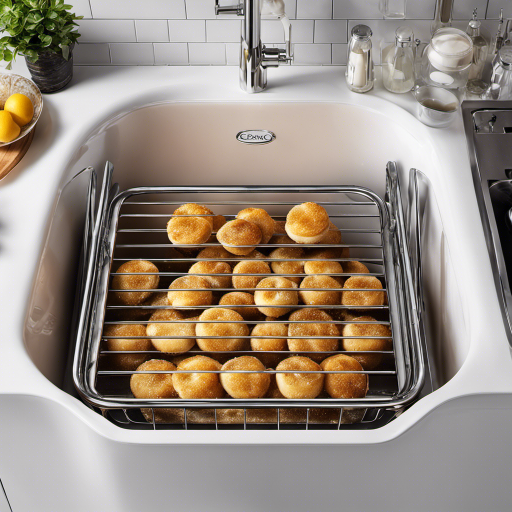 An image showcasing a sparkling clean oven rack submerged in a bathtub filled with warm water and baking soda