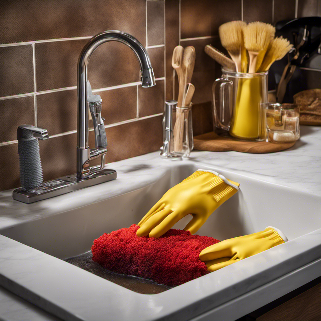 An image showcasing a pair of rubber gloves submerged in a large, deep sink filled with warm soapy water