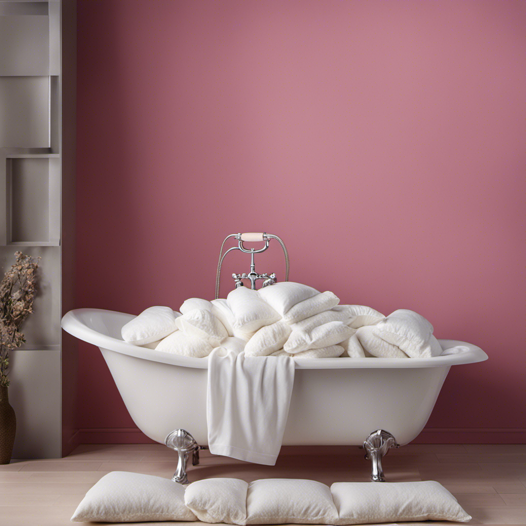 An image showcasing the step-by-step process of cleaning pillows in a bathtub: a hand gently squeezing suds from a soapy pillow, water cascading down, and a vibrant, freshly cleaned pillow draped over the edge to dry