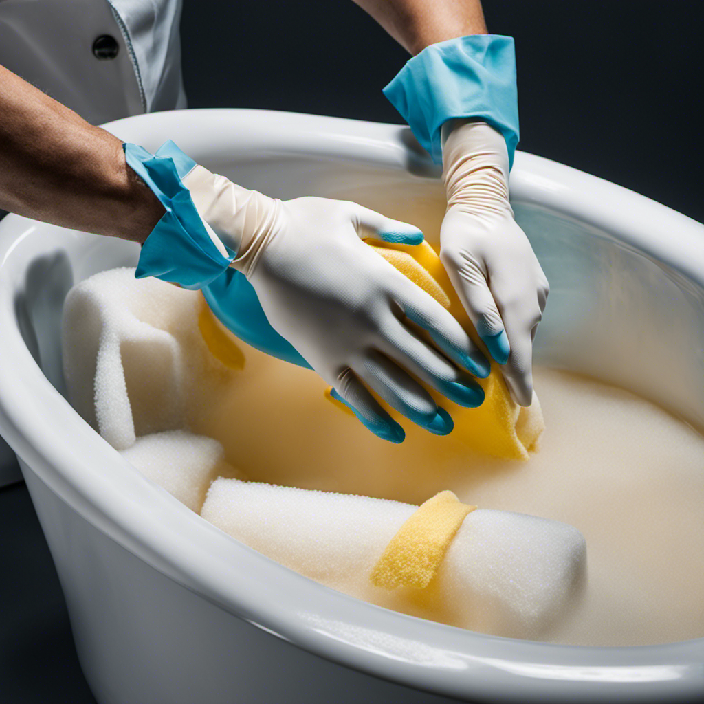 An image showcasing a pair of gloved hands scrubbing a plastic bathtub with a bleach solution