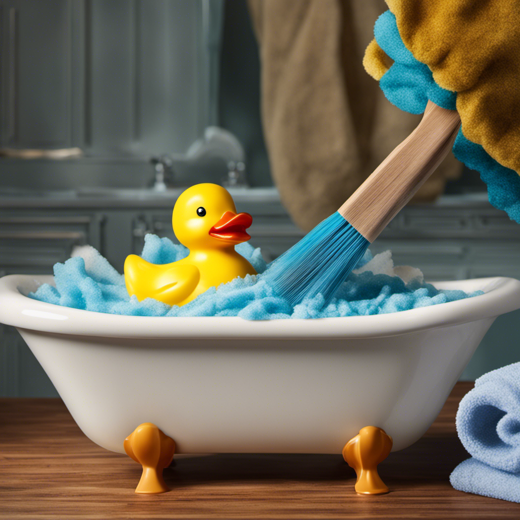 An image showing a gloved hand holding a scrub brush, vigorously scrubbing a bathtub filled with soapy water, while a rubber duck floats nearby
