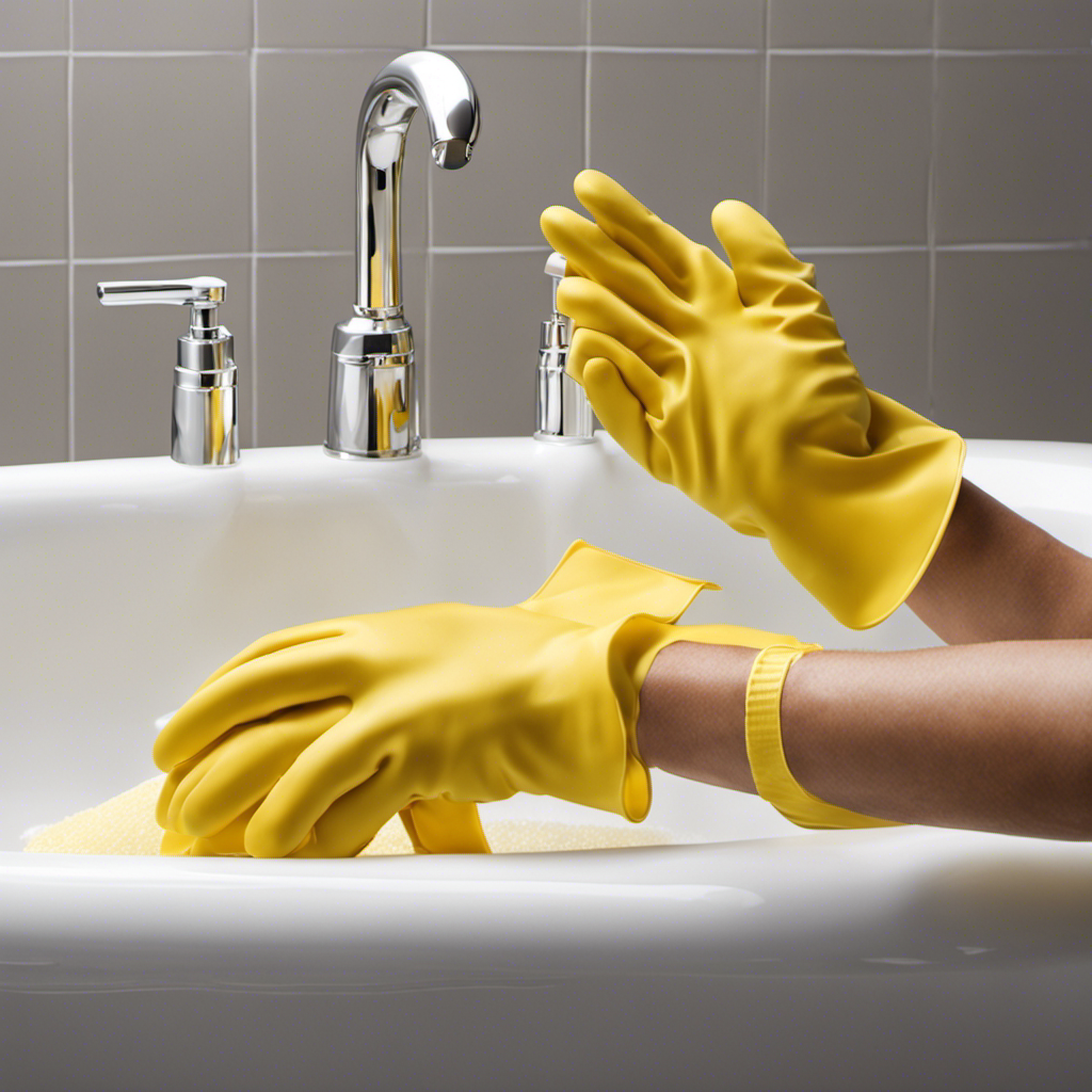 An image showcasing a pair of yellow rubber gloves removing a brown, soapy mess from a white porcelain bathtub