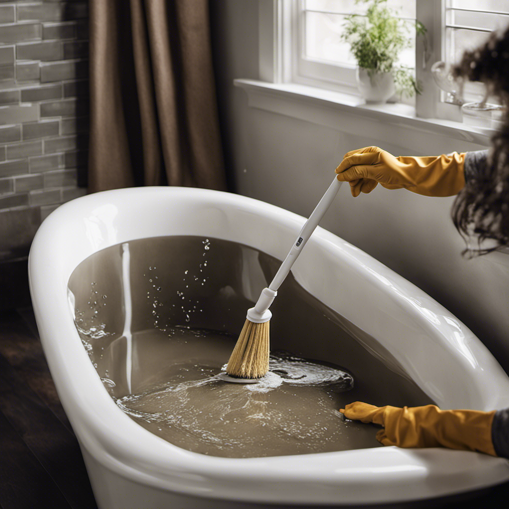 An image that captures the process of cleaning poop out of a bathtub: a gloved hand holding a scrub brush, diligently scrubbing a dirty bathtub, while a stream of water from the showerhead rinses away the mess