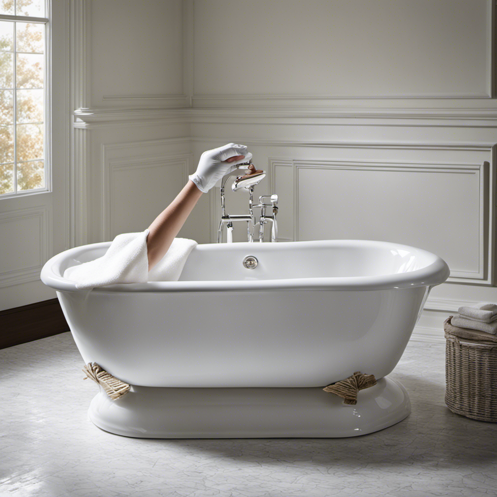An image showcasing a pair of gloved hands gently scrubbing a pristine white porcelain bathtub with a soft brush, surrounded by a sparkling clean bathroom, capturing the meticulous process of cleaning and maintaining a porcelain bathtub