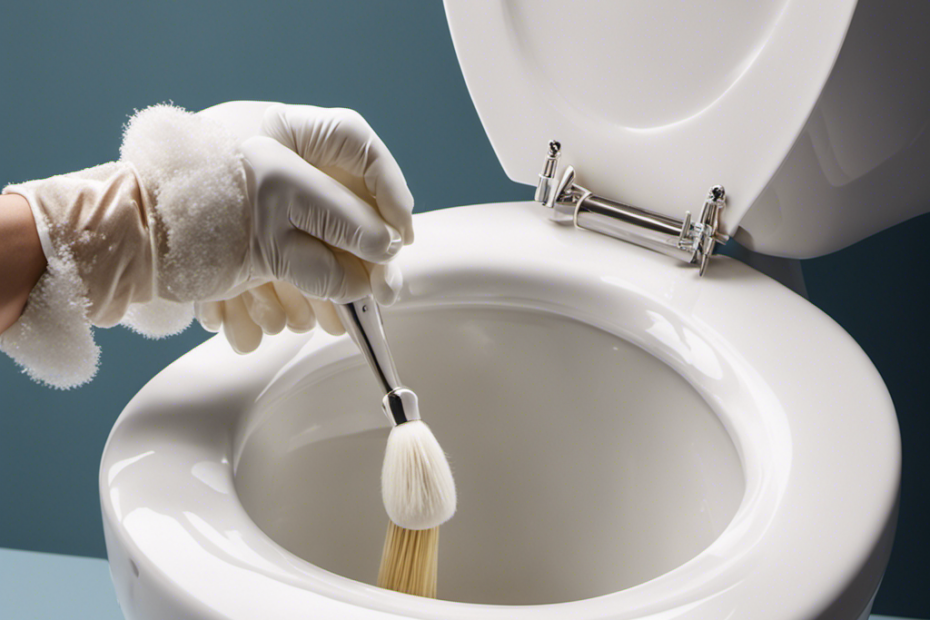 An image showcasing a pair of gloved hands gently scrubbing a porcelain toilet with a soft-bristle brush, as sparkling bubbles dissolve dirt and grime, revealing a pristine white surface
