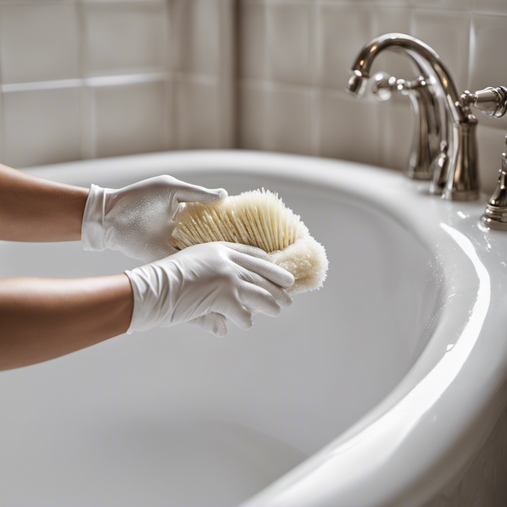 An image showcasing a pair of gloved hands gently scrubbing a sparkling white reglazed bathtub with a soft bristle brush