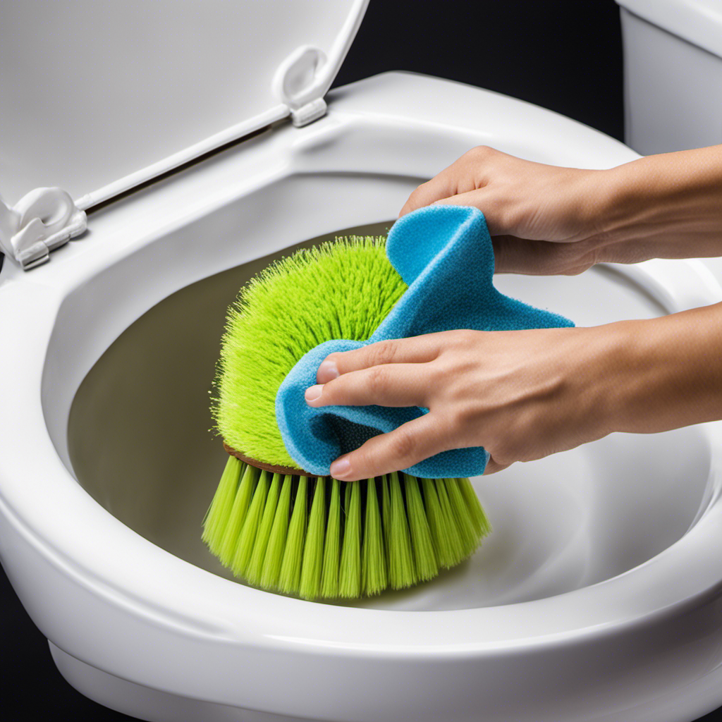 An image showcasing a gloved hand holding a scrub brush, applying vigorous circular motions to a stained toilet bowl