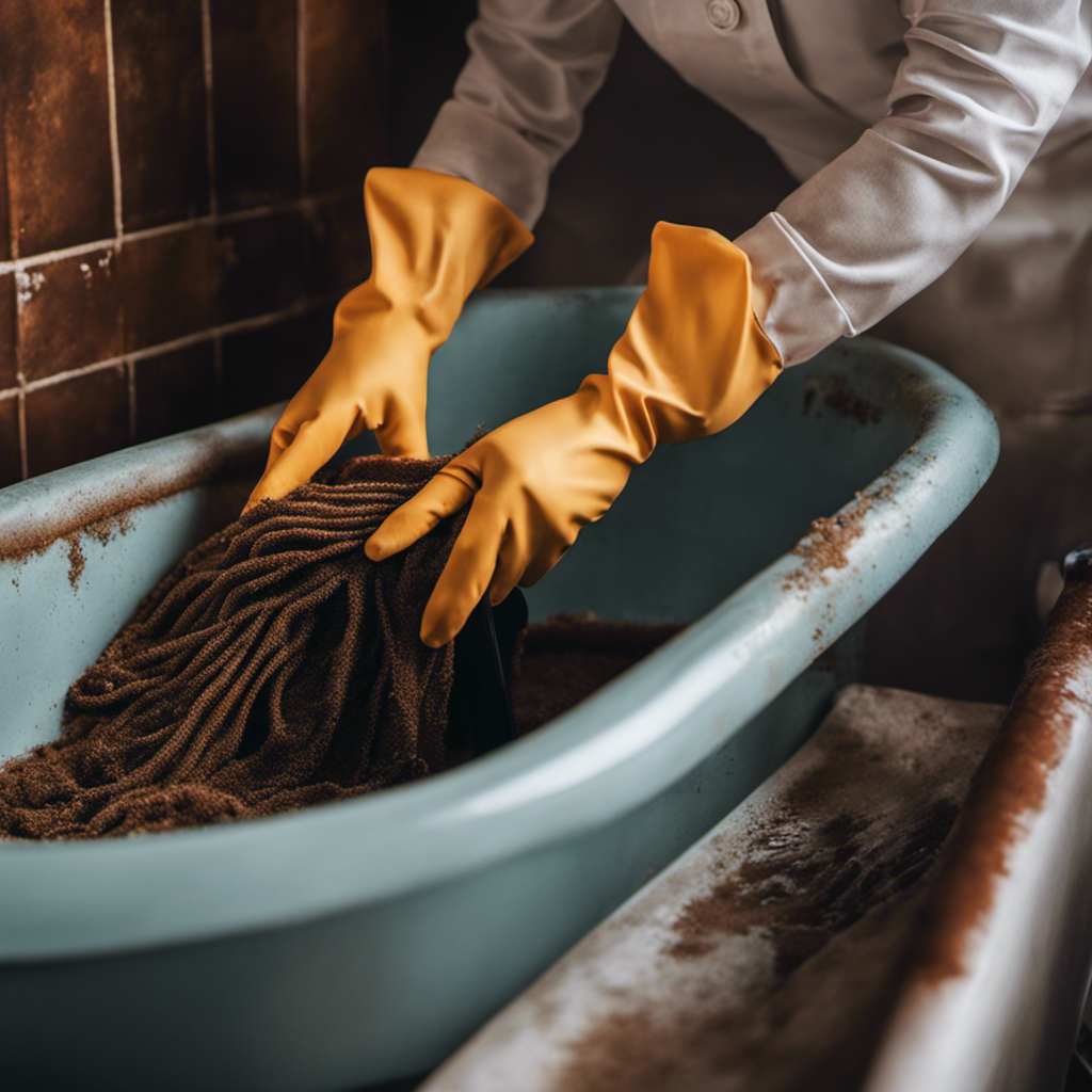 An image showcasing a gloved hand gently scrubbing a rusted bathtub with a soft-bristle brush, while bubbles of a mild cleaning solution surround the rusty area