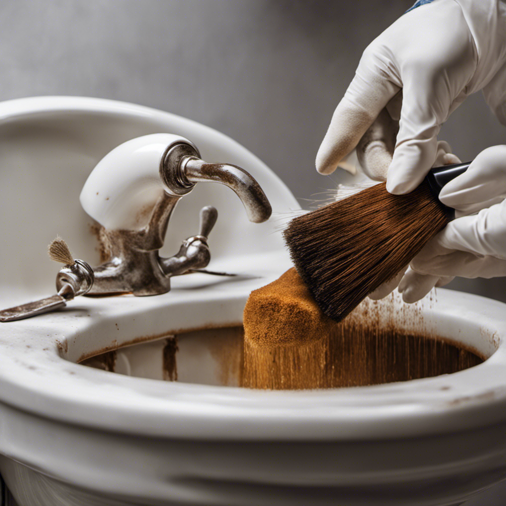 An image showcasing a pair of gloved hands gently scrubbing a rust-covered toilet bowl with a white bristle brush