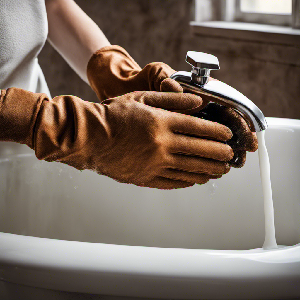 An image showcasing a pair of gloved hands gently scrubbing a rusted bathtub with a thick layer of cleansing foam, revealing a gleaming surface beneath