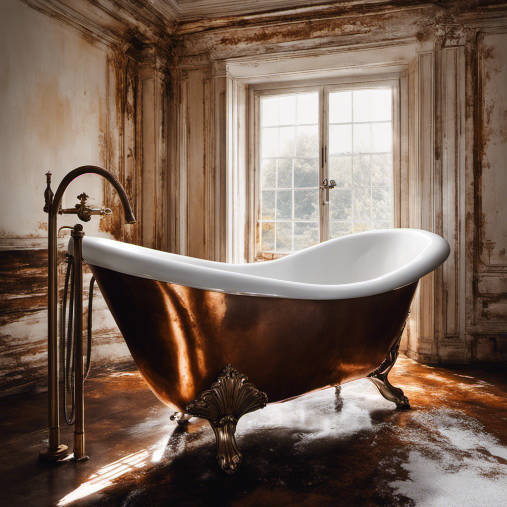 An image showcasing a gleaming bathtub being rejuvenated as a pair of gloved hands diligently scrub away stubborn rust stains