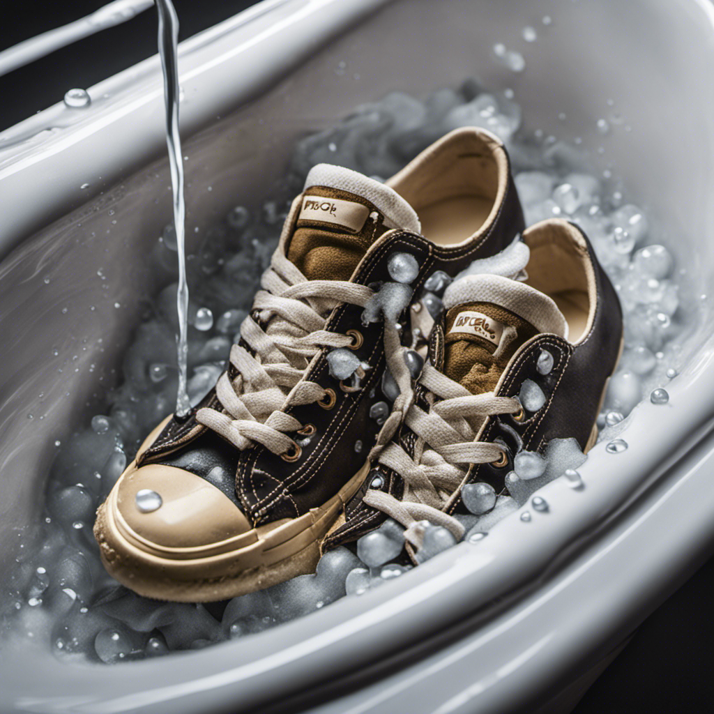 An image that captures the step-by-step process of cleaning shoes in a bathtub: a pair of dirty sneakers submerged in soapy water, scrub brush and cloth nearby, with water droplets splashing and foam forming