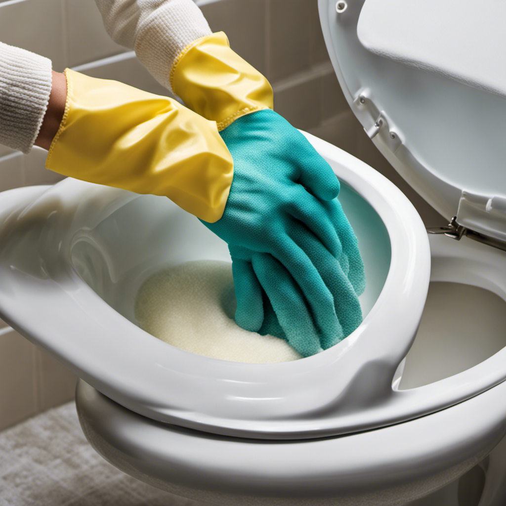 An image that showcases a pair of gloved hands tightly gripping a scrub brush, vigorously scrubbing a stained toilet bowl with foaming cleaner, revealing a pristine, gleaming surface