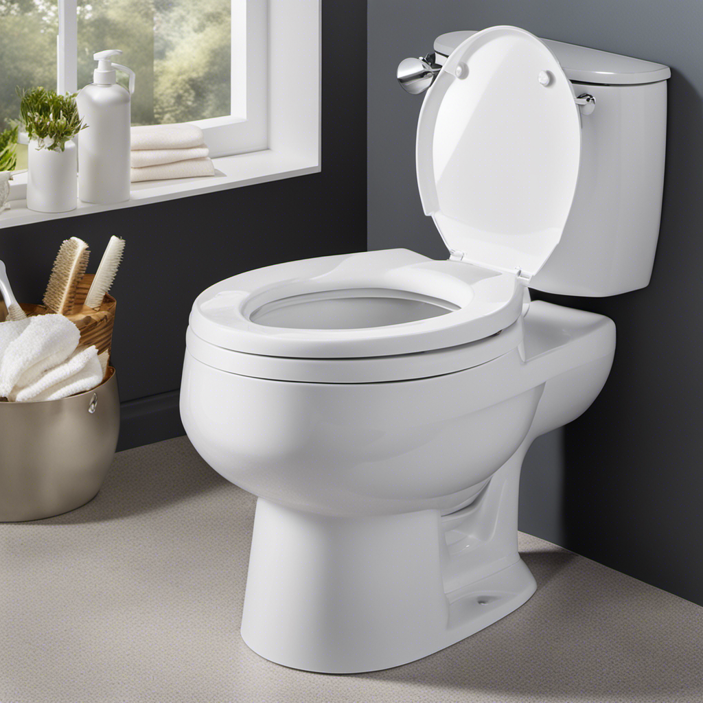 An image showcasing a sparkling white toilet bowl with a close-up view of a scrub brush vigorously removing stubborn stains under the rim, surrounded by a foam of cleansing solution